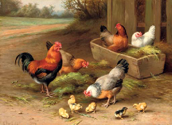 Edgar Hunt (1876-1955) , Farmyard chickens | Christie's