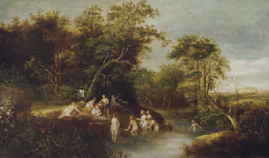 Follower of Abraham van Cuylenborch , Diana and her nymphs bathing