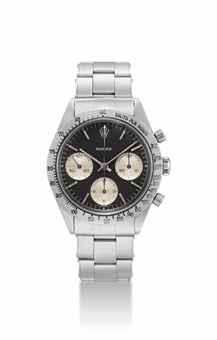 Rolex. A very fine, rare and unusual stainless steel chronograph wristwatch with black