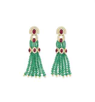 A PAIR OF EMERALD, DIAMOND AND RUBY EAR PENDANTS