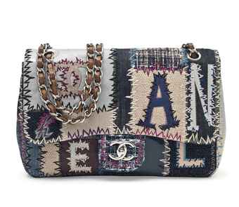 A MULTI-COLOUR LEATHER, DENIM AND BOUCLÉ PATCHWORK FLAP BAG