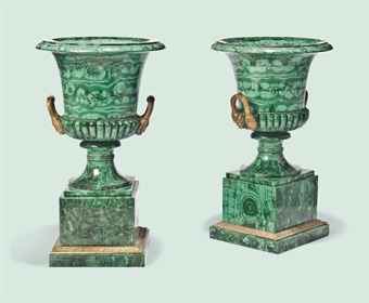 A LARGE PAIR OF GILT-BRONZE MOUNTED MALACHITE VENEERED URNS