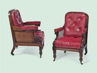 A PAIR OF WILLIAM IV MAHOGANY CANED BERGERES