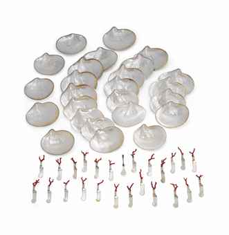 A SET OF TWENTY-FIVE ITALIAN SHELL CAVIAR DISHES AND TWENTY-FOUR MOTHER-OF-PEARL AND CORAL
