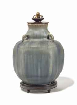 A ROYAL COPENHAGEN BLUE-GLAZED CERAMIC HEXAGONAL JAR, AND PATINATED PARTIAL-GILT BRONZE