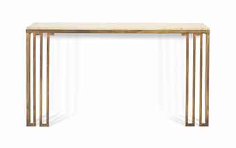 A GILT-IRON AND TRAVERTINE CONSOLE TABLE