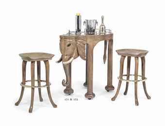A GREY-PAINTED ELEPHANT BAR AND STOOLS