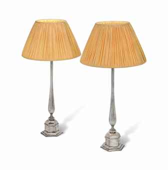 A PAIR OF SILVERED-BRASS KILVERT TABLE LAMPS