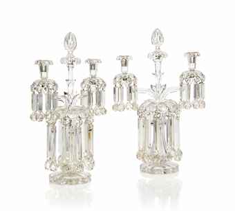 A PAIR OF VICTORIAN CUT-GLASS TWIN-LIGHT CANDELABRA