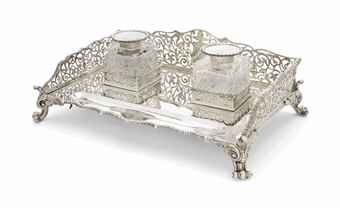 A LARGE LATE VICTORIAN SILVER TWO-BOTTLE INKSTAND