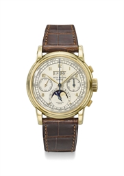 Patek Philippe. An exceptional 18K gold perpetual calendar chronograph wristwatch with moon ...