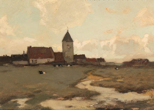 Cows in a field, a church and houses beyond 
