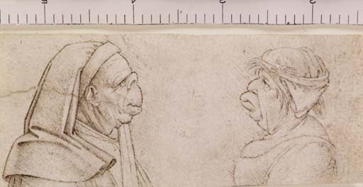 CARICATURES OF AN OLD MAN IN ACADEMIC DRESS, IN PROFILE TO THE RIGHT, AND AN OLD WOMAN WEARING A CAP, IN PROFILE TO THE LEFT
