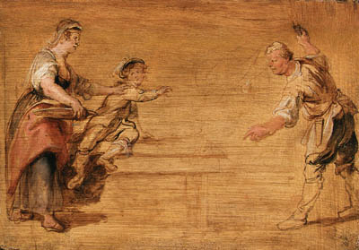 A kitchenmaid, a boy and a butcher by a table 
