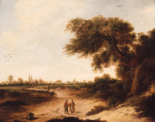A landscape with a couple on a sandy track, a church beyond 
