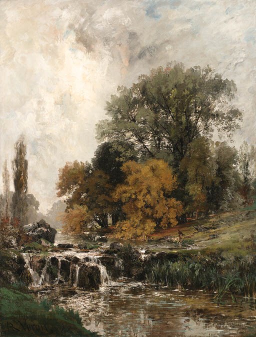 Alexandre-Rene Veron (French, 1826-1897) , Paysage avec chute d'eau ...
