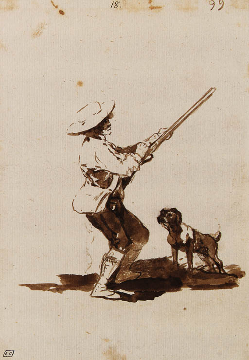 A Hunter loading his Gun, accompanied by his dog 

