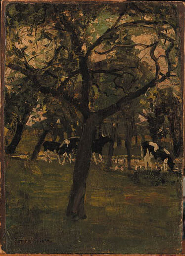 Trees and cows along a stream 
