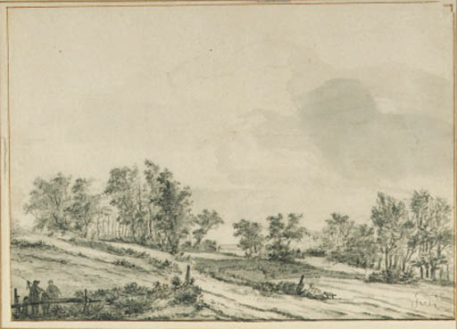 An wooded landscape with travellers by a fence

