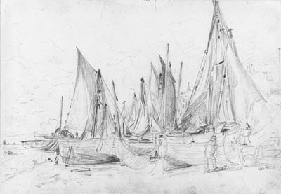 Beached fishing smacks at low tide, Brighton, with fishermen sorting their nets in the foreground (recto); and Study of a fishing boat (verso)
