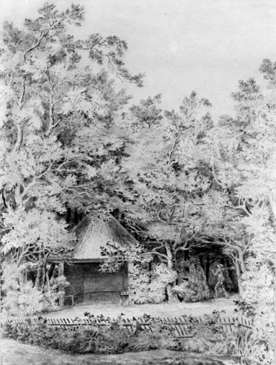 A labourer approaching a thatched pavilion in a garden 
