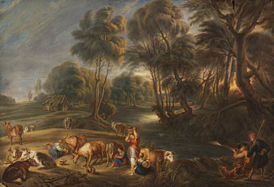 Landscape with milkmaids and huntsmen 
