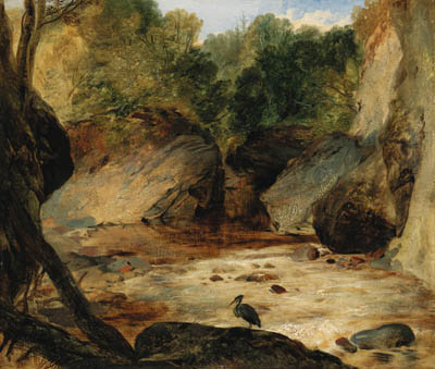 A rocky river landscape with a heron 
