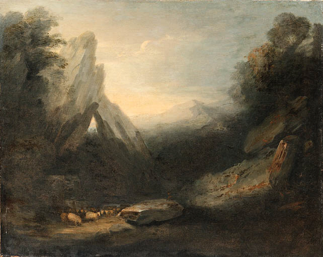 A twilight Landscape with Sheep by a River in a Gorge 
