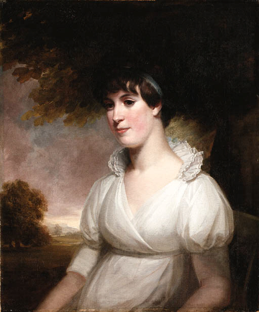 Portrait of Mrs. Edward Astle, half length, wearing a white dress, in a landscape
