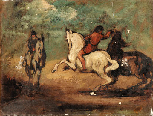 Deux cavaliers avec trois chevaux 

