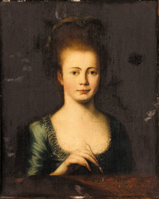 Portrait of Miss Edgar, doing embroidery 
