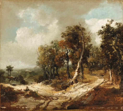 A wooded Landscape with a Traveller seated at a Fork in the Path 
