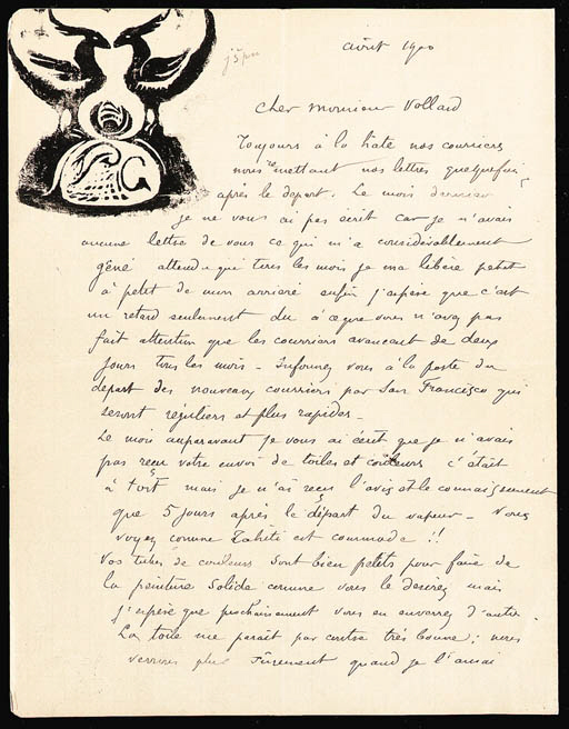 GAUGUIN, Paul (18481903). Autograph letter signed ("Paul Gauguin") TO