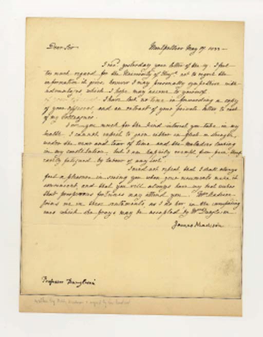 MADISON, James, President. Letter signed (
