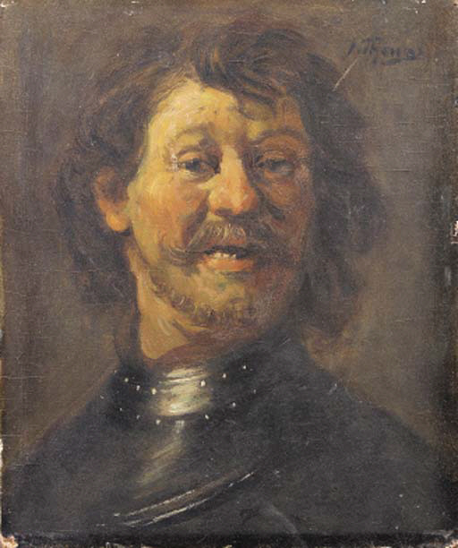 A tronie: A youth, head and shoulders, wearing a breastplate, his face in grimace
