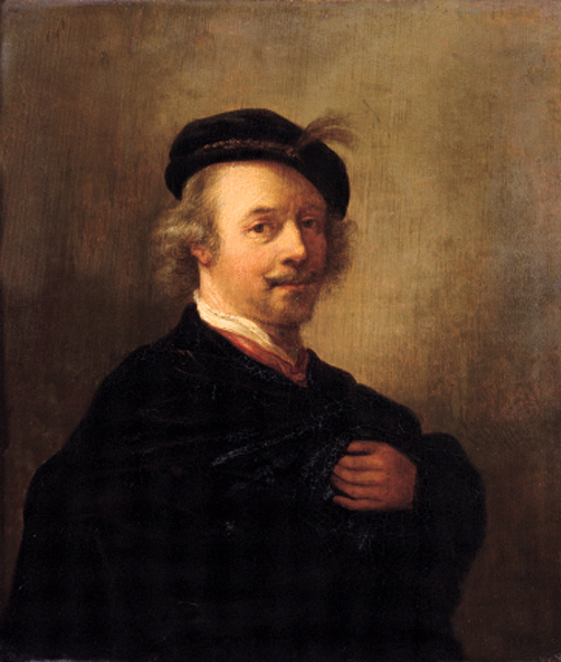 Portrait of the artist, small half length, wearing a black cape and feathered cap
