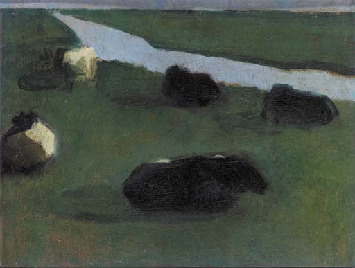 Polder landscape with irrigation ditch and five cows 
