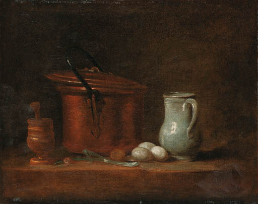 A copper cauldron, a pestle and mortar, a stoneware jug, eggs and a spring onion on a ledge
