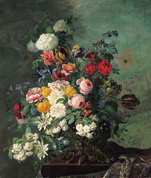 Jean Benner (French, 17961849) , Still life with flowers on a ledge