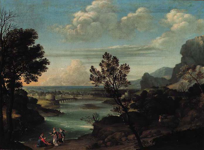 An extensive river landscape with the Finding of Moses 

