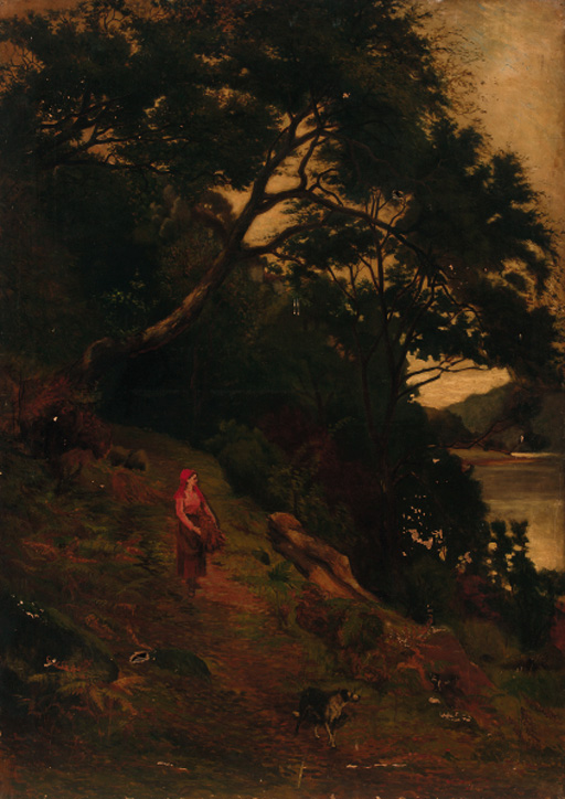 A faggot gatherer on a riverside path 
