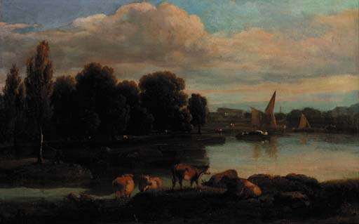 Cattle on the bank of a river with a town beyond 
