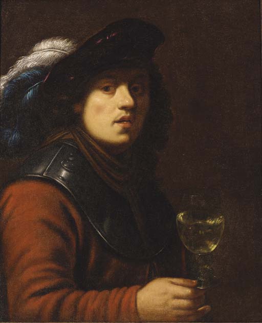 A young man, half-length, in a red jacket and a gorget with a maroon hat with white and blue plumes, a roemer in his right hand
