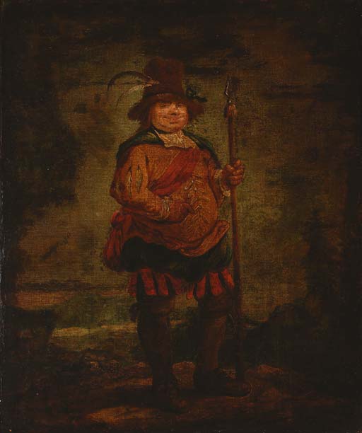 Portrait of a peasant man, standing full-length, wearing a pleated orange doublet and holding a spear
