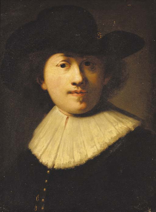 Portrait of the artist, bust length, in a black coat and hat 
