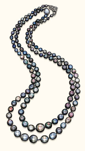 TWO EXTREMELY RARE SINGLE-STRAND BLACK PEARL NECKLACES, BY CARTI