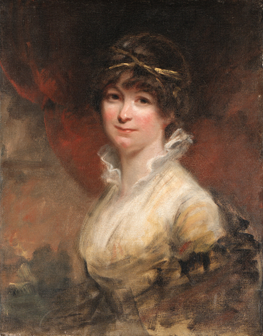 Portrait of a lady, bust-length, in a yellow dress and black shawl, unfinished
