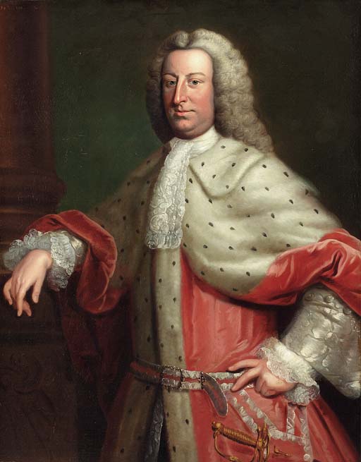 Portrait of a gentleman, said to be Henry Tenth, Lord Teynham, three-quarter length, in a red velvet and fur cloak and a wig
