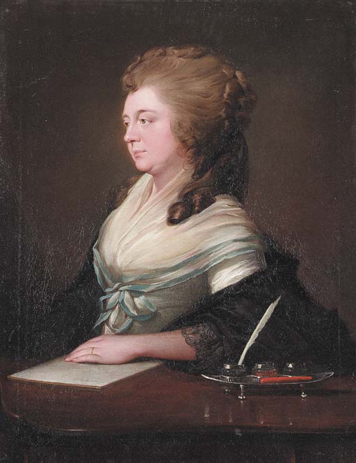 Portrait of a lady, in a blue and white dress and black cape, seated at a writing desk
