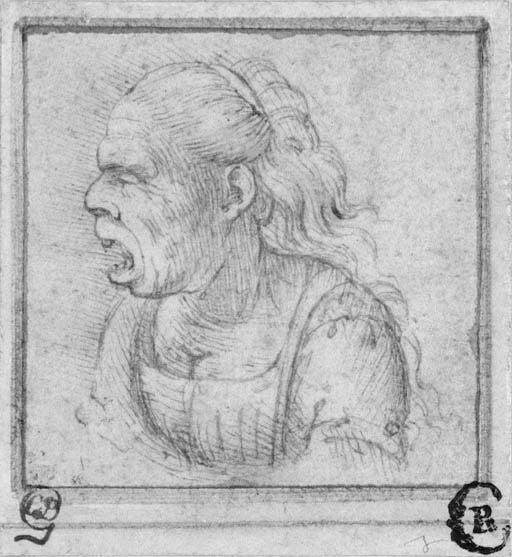 Caricature of an old woman in profile to the left, bust-length 
